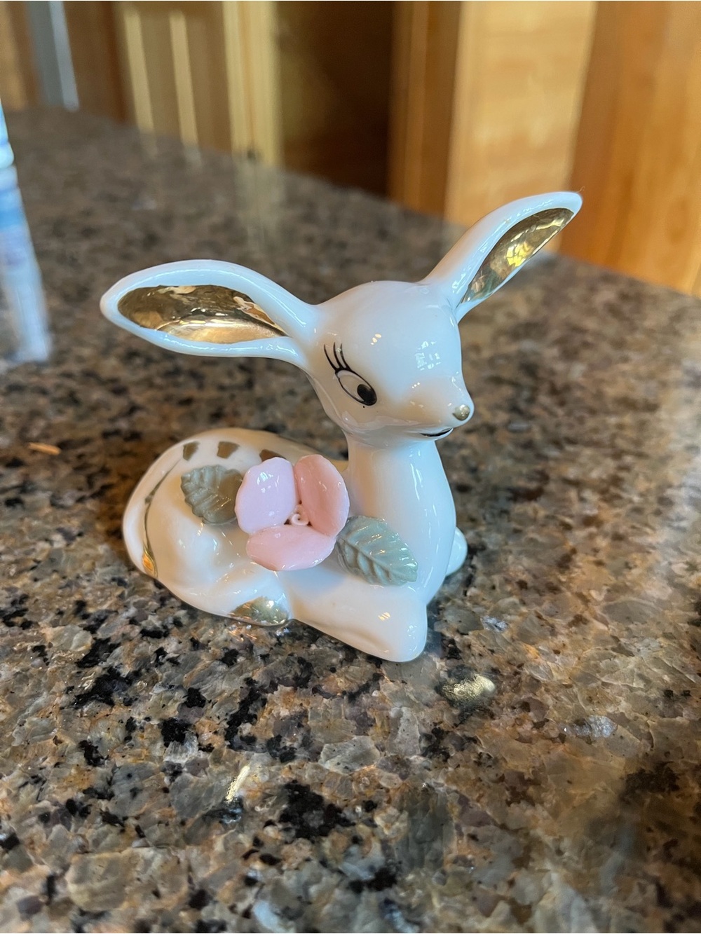 Vintage Porcelain Deer Figurine Pair with Pink Flower and Gold Accents